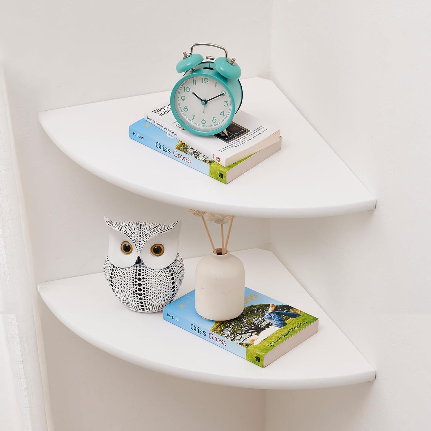 Corner Wall Shelves, White Floating Corner Shelf, Set of 2 16inch Solid Oak Wood Shelves, Round End Wall Mount Display Shelf with Wire Hole for Small Plant for Bedroom Kitchen, Living Room