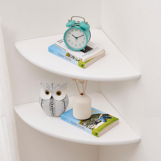 Corner Shelves, White Floating Corner Shelf, Set of 2 12inch Solid Oak Wood Wall Shelves, Round End Wall Mount with Wire Hole for Small Plant for Bedroom Kitchen, Living Room