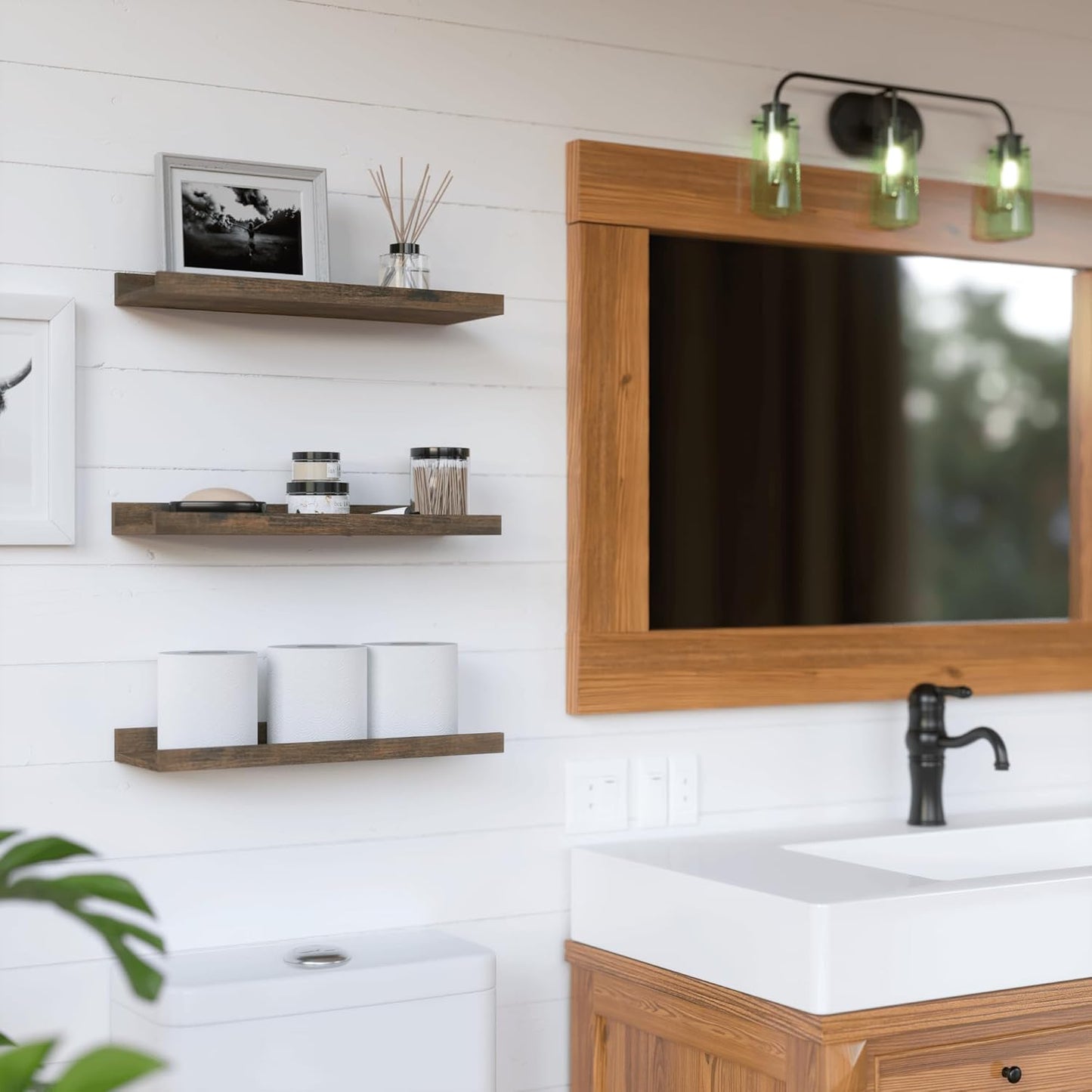 RICHER HOUSE 8 Set Floating Wall Mounted Shelves, Nursery Hanging Book Shelves with Lip for Storage, Display Picture Ledge Shelf for Bedroom Bathroom Kitchen Living Room Wall Decor, Rustic Brown