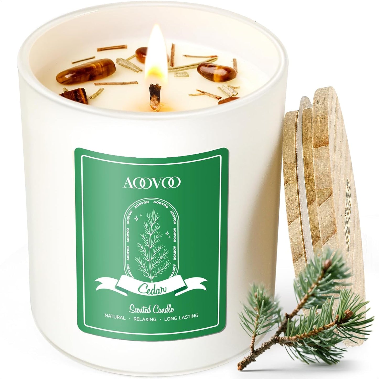AOOVOO Cedar Scented Candles for Women - Aromatherapy Candle with Crystals Inside, 10oz Soy Candles for Home Scented, Birthday Gifts Candle for Women Mom