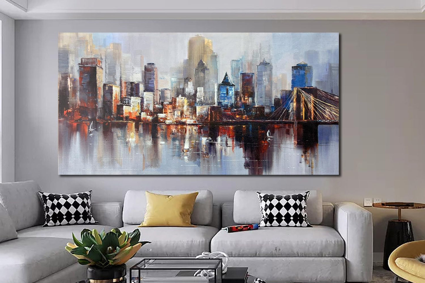 Arjun Brooklyn Bridge Wall Art Modern New York City Abstract Canvas Cityscape Painting, NYC Skyline Textured Picture for Living Room Bedroom Home Office Wall Decor Extra Large Size Framed 58"x29"