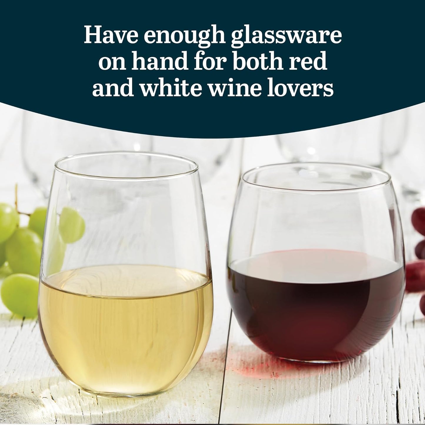 Libbey Stemless 12-Piece Wine Glass Party Set for Red and White Wines
