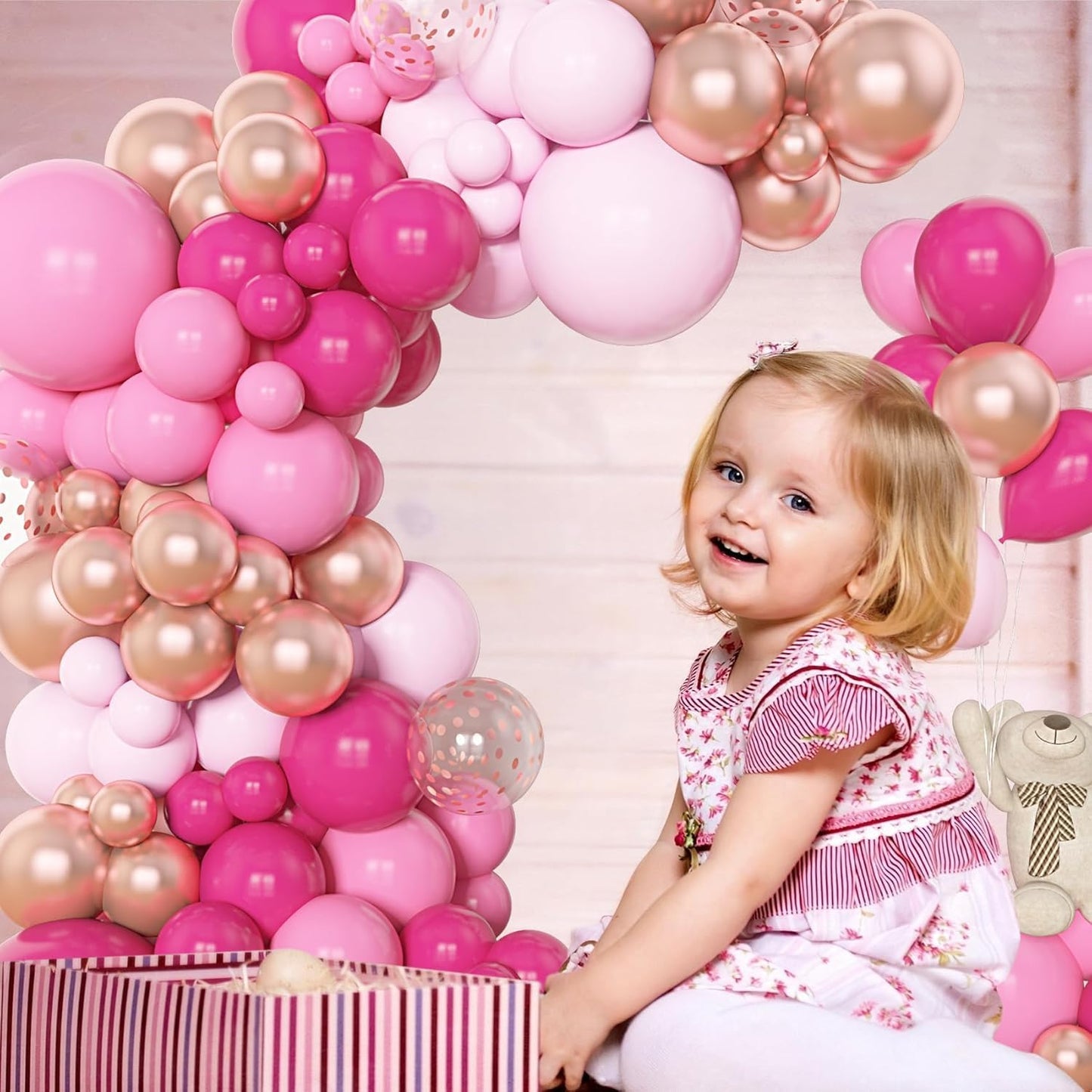 Amandir 153pcs Pink Balloon Garland Arch Kit, Different Sizes 18 12 10 5 inch Hot Pink Latex Metallic Confetti Rose Gold Balloons for Birthday Baby Shower Wedding Party Decorations