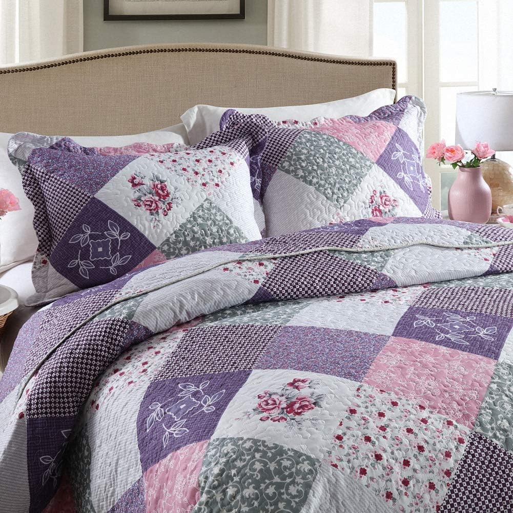 NEWLAKE Quilt Bedspread Sets-Floral Checkered Pattern Reversible Coverlet Set,Queen Size