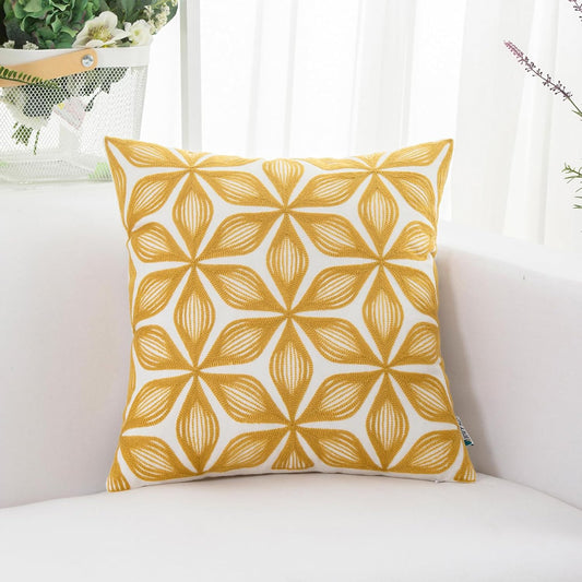HWY 50 Yellow Decorative Throw Pillow Covers 18x18 Inch (1 Piece), Embroidered Cotton Farmhouse Cushion Cover Pillow Case for Sofa Couch Living Room Bed, Fashion Geometric