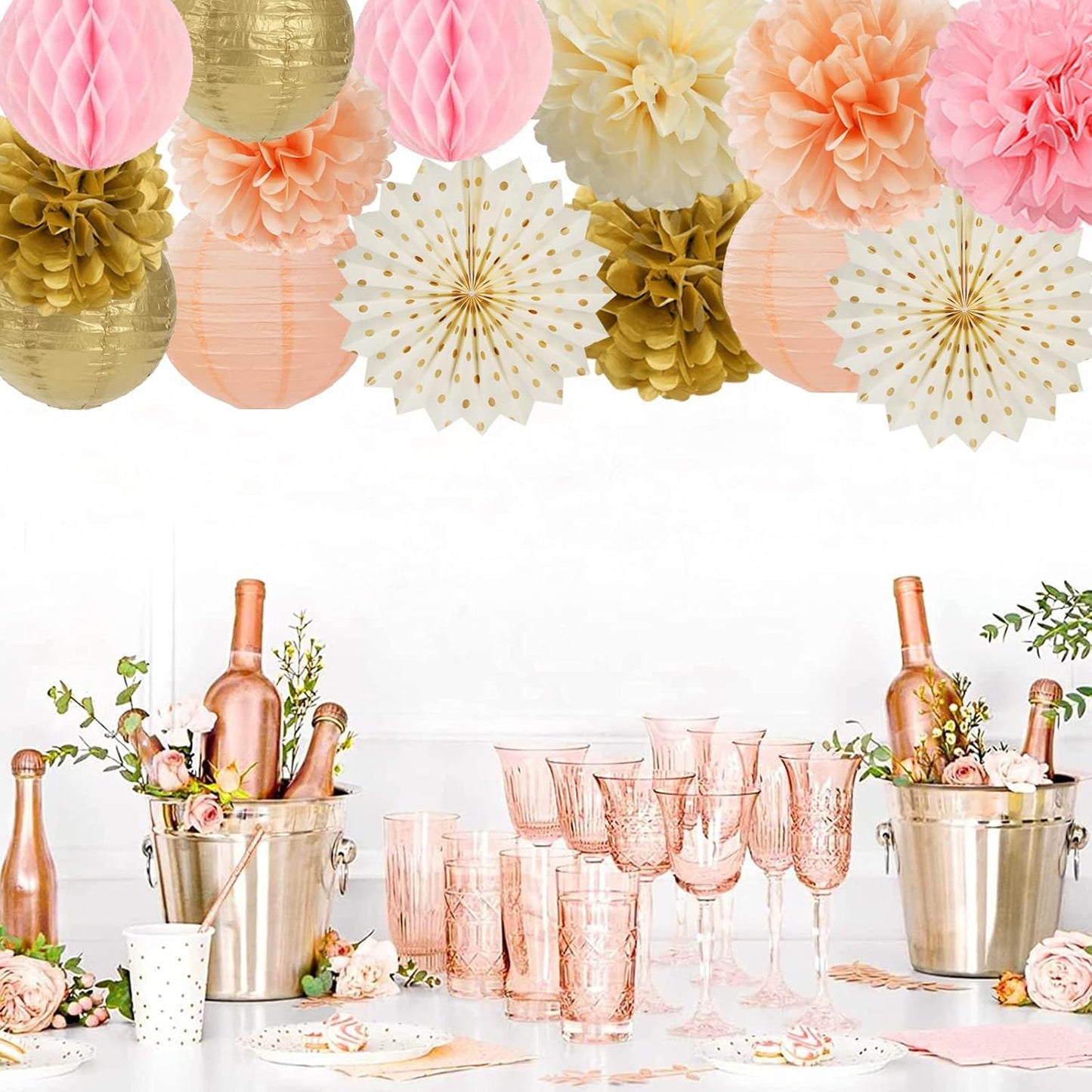 Pink Peach Gold Party Decorations - 14pcs Bridal Baby Shower Girls Birthday Paper Lanterns Fan,Tissue Pom Poms Streamers,Honeycomb Balls,Engagement Wedding Bachelorette Brunch Decor Lasting Surprise