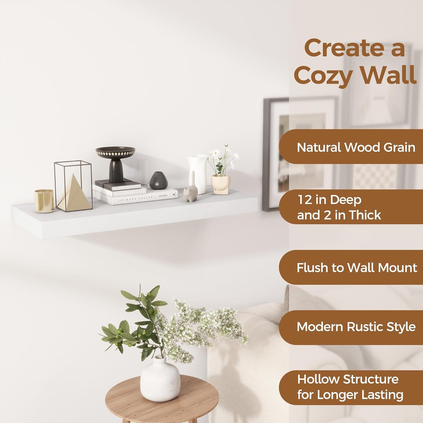 Fun Memories White Floating Shelves 30x 12 Inch, Deep Floating Shelf Wall Mounted, 12" Deep Wall Shelves for Books, Bathroom, Bedroom, Kitchen, Thicked Shelves for Home Storage & Display, Set of 2