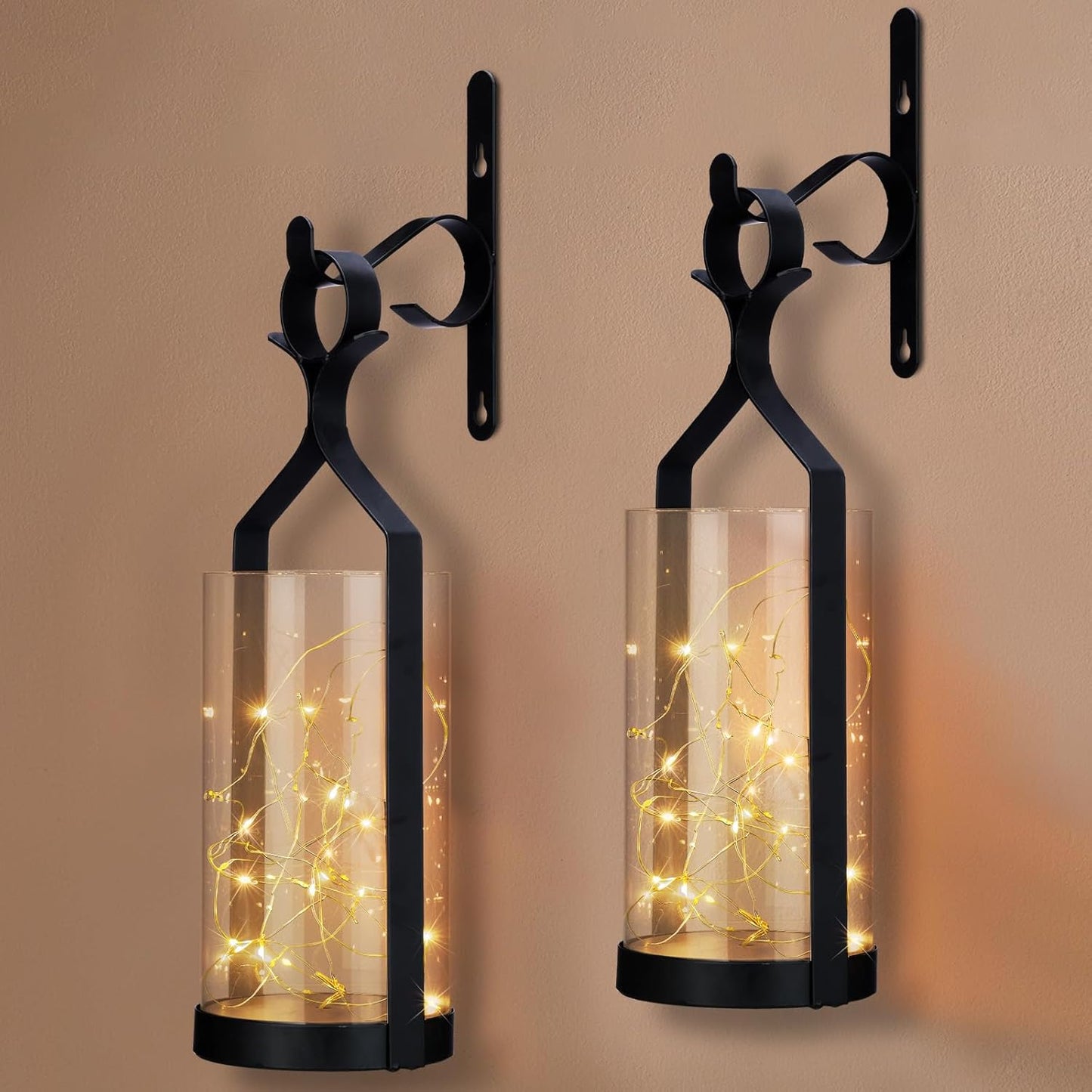 Metal Wall Sconce 35 Led Lantern Set of 2 - Black Wall Mounted Hanging Holder with Glass & Candles Vintage Wall Decor for Porch, Living Room, Dining Room, Bedroom Indoor Decor