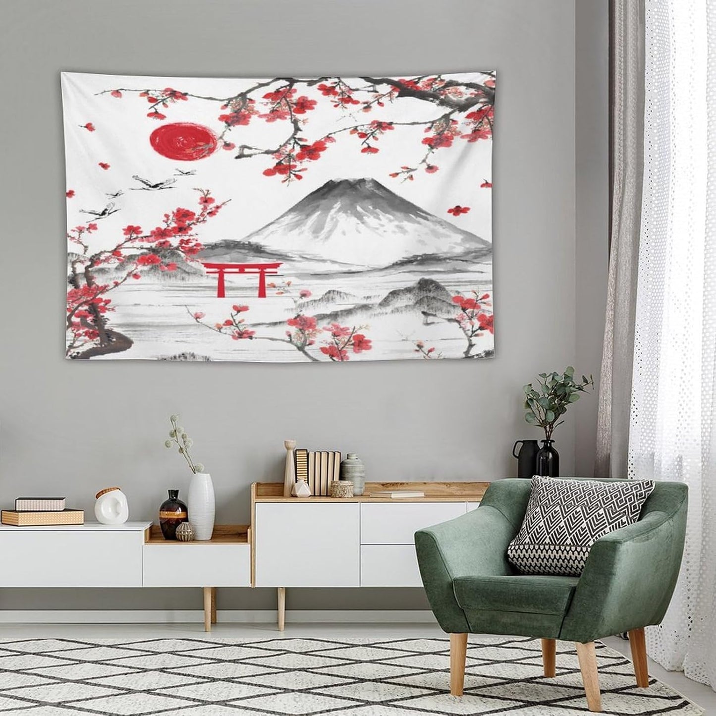 Red Cherry Blossoms Tapestry, Japanese Fuji Mountain Tapestry, Asian Japanese Wall Tapestry, Nature Landscape Tapestries for Bedroom Living Room Decor 90"x60"
