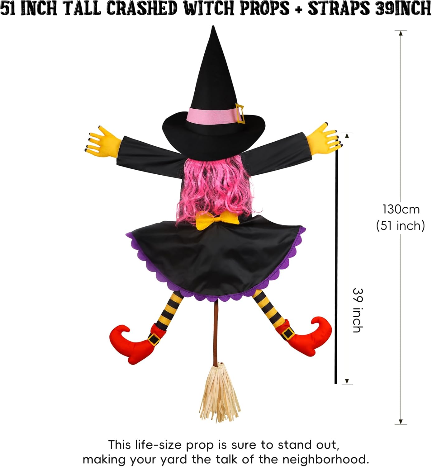 POPGIFTU 51" Halloween Crashing Witch Decoration – Pink Flying Witch for Tree, Yard, Porch, and Indoor Outdoor Halloween Décor