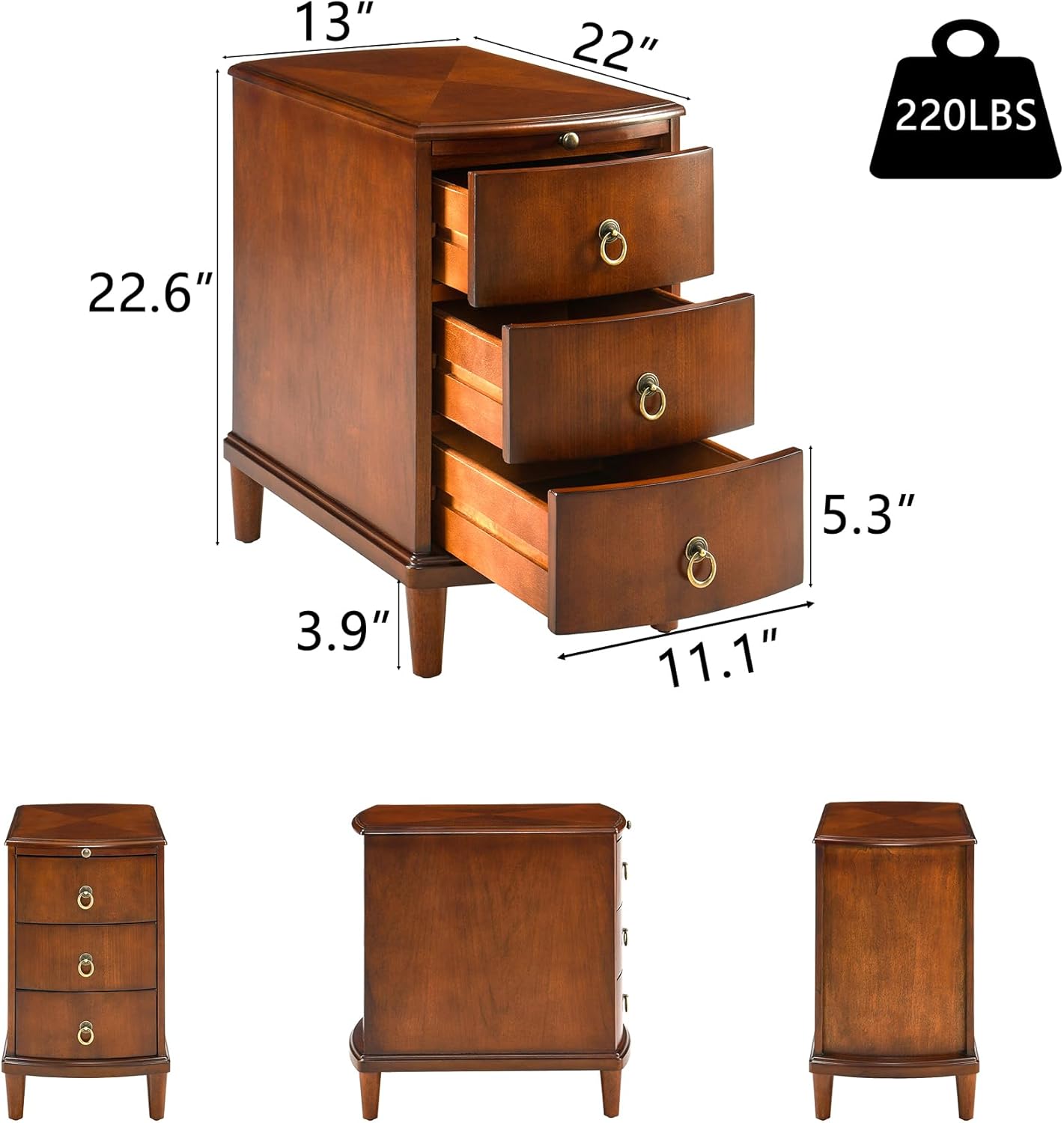 Set of 2 Solid Wood End Table with 3 Drawers, Fully Assembled Nightstand with Sliding Shelf, Pre-Assembled Vintage Wooden Beside Tables In Cherry Brown for Small Space,13.4*22.4*22.6in