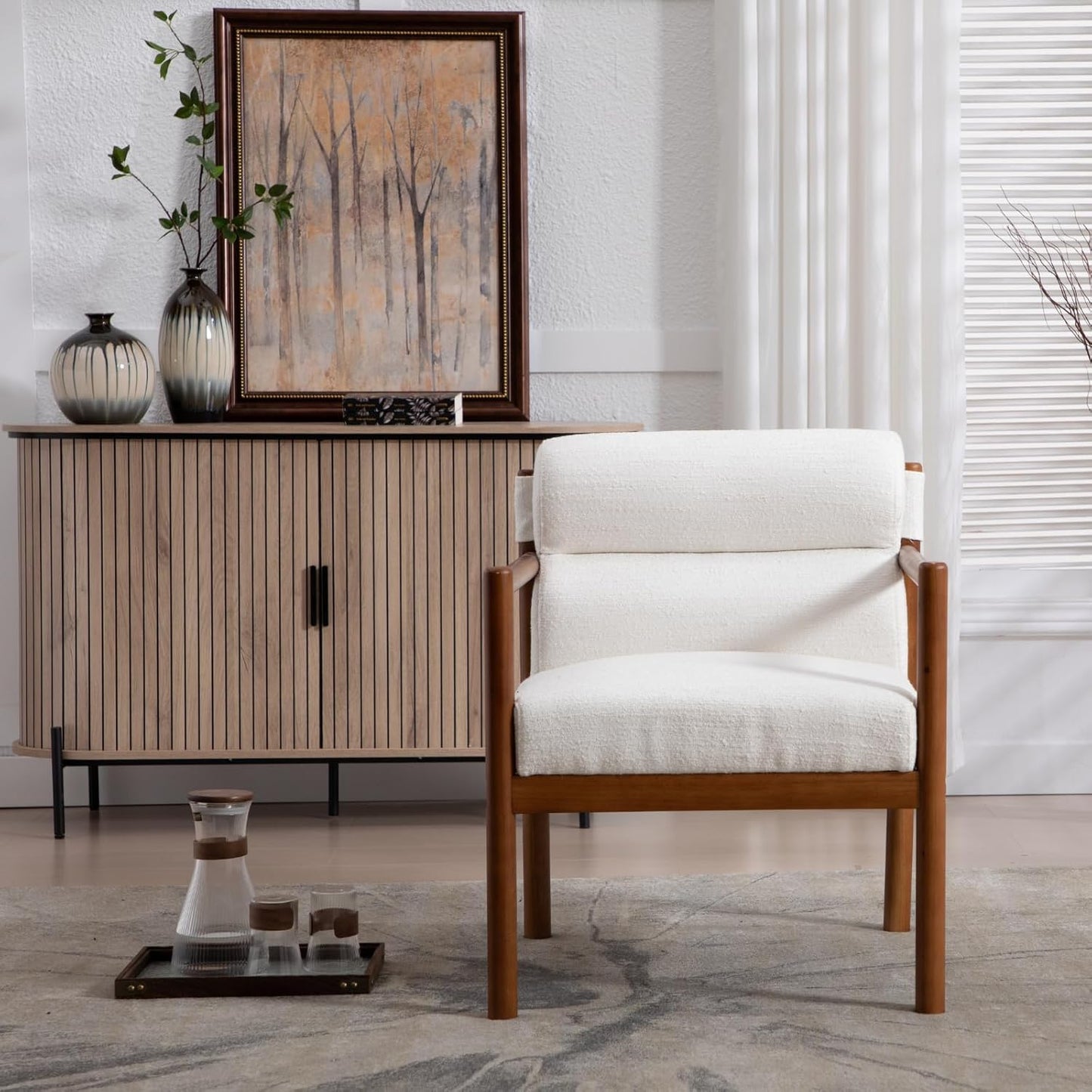 Modern Living Room Chairs Set of 2, White Upholstered Accent Chairs with Channel Tufted Back, Brown Wood Lounge Reading Arm Chairs, Linen Fabric Side Sitting Chairs for Guest Room, Balcony