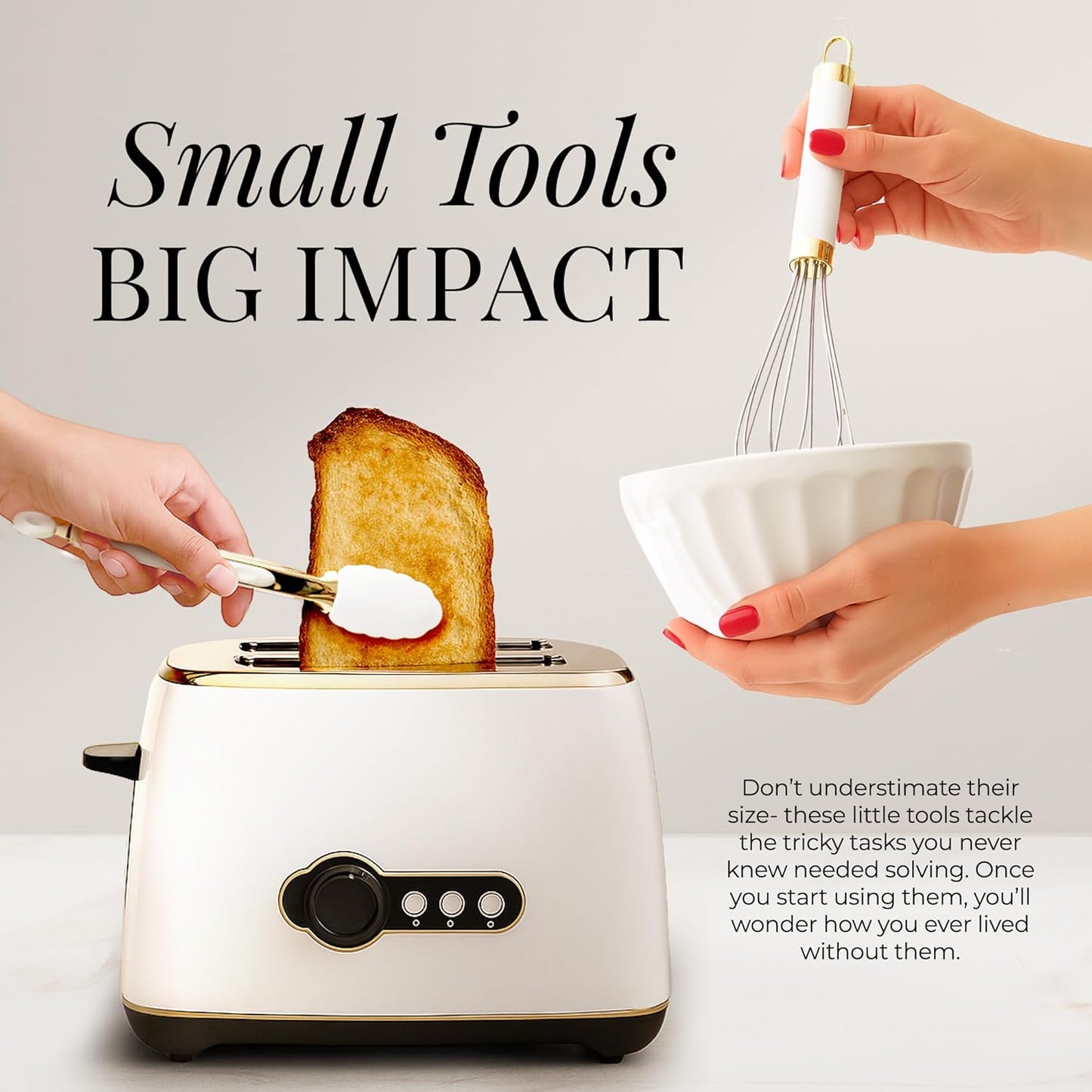 White & Gold Cooking Utensils Set - Luxe 8-Piece Kitchen Gadget Set Includes Can Opener, Tongs and Garlic Press - Stylish White and Gold Kitchen Accessories for Modern Kitchens, Ideal for Gifting