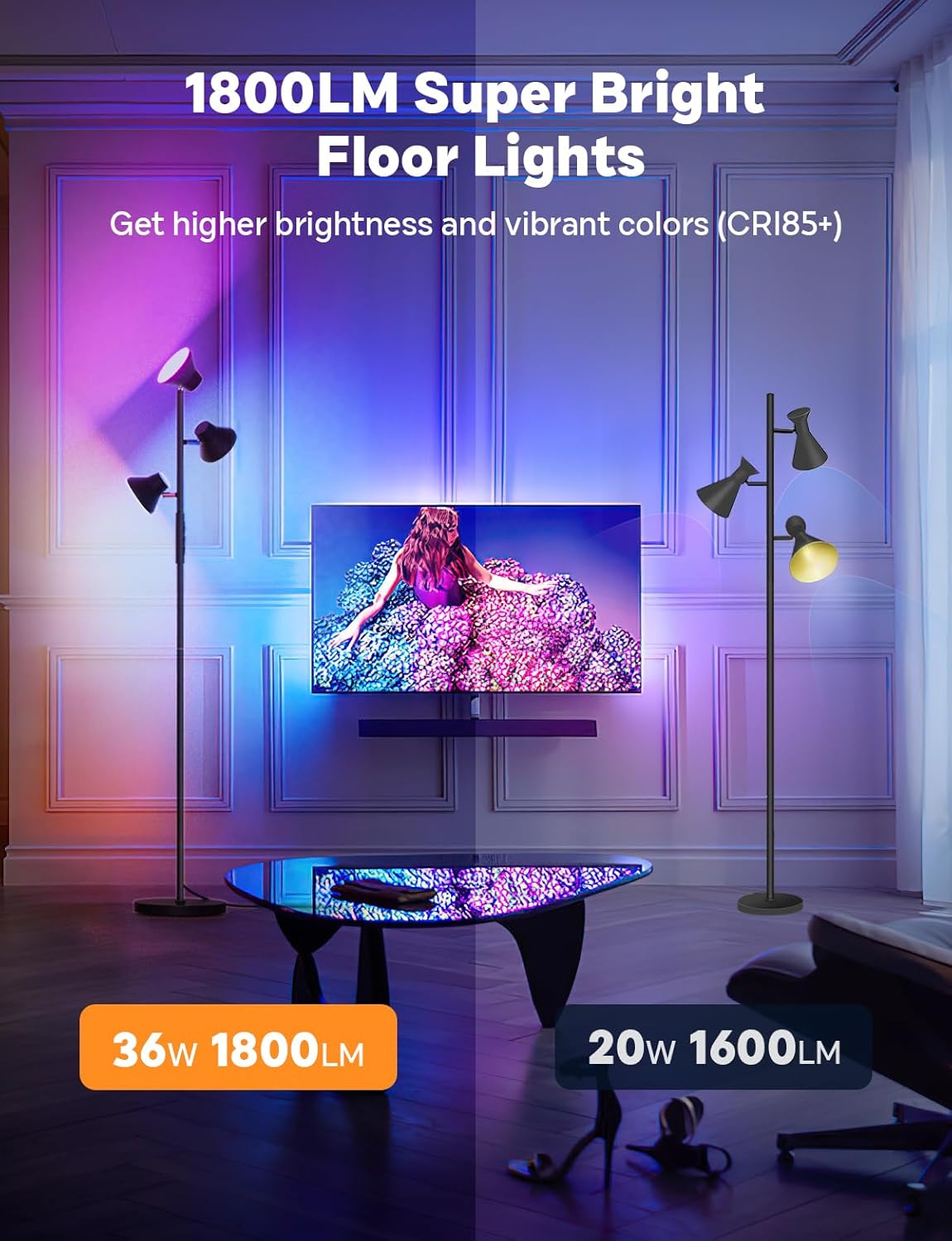 RGBCW Floor Lamp, 36W Bright Color Changing Lamp, Modern Stepless Dimmable LED RGB Floor Lamp with Remote & Touch Control, Standing Lamp for Living Room, Game Room, Bedroom