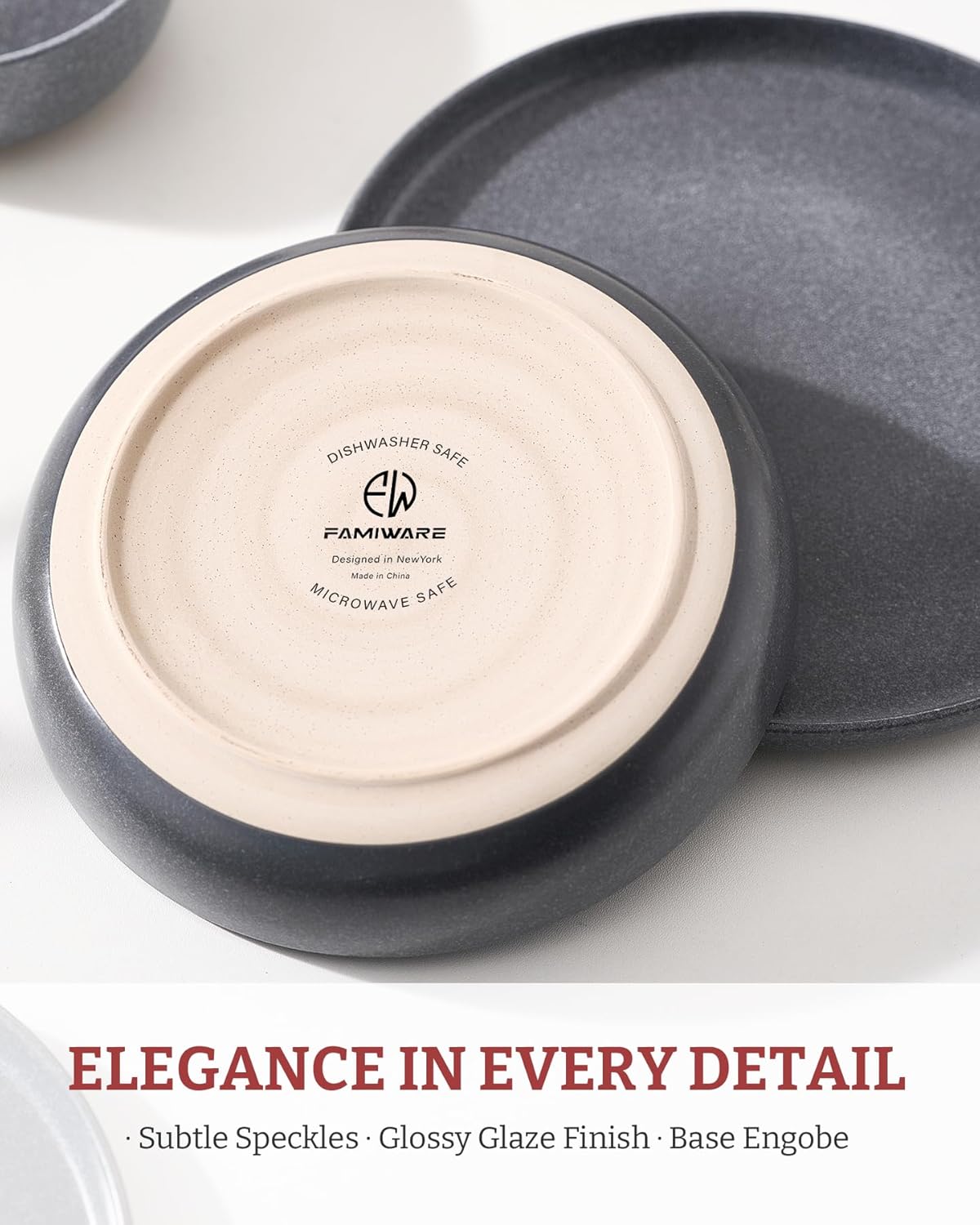 famiware Milkyway Pasta Bowls Set of 4, 8.5" Large Salad Bowls, Double Reactive Glaze, Stackable, Ideal for Housewarming, Festivals, Matte Dark Charcoal