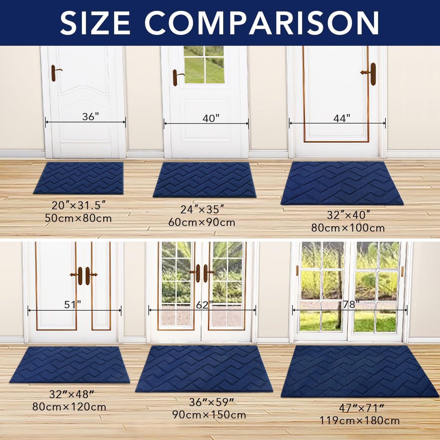 hicorfe Indoor Doormat,Front Back Door Mat Rubber Backing Non Slip Door Mats 24"x35" Absorbent Resist Dirt Entrance Doormat Inside Floor Mats for Entryway Washable Low-Profile (Navy Blue)