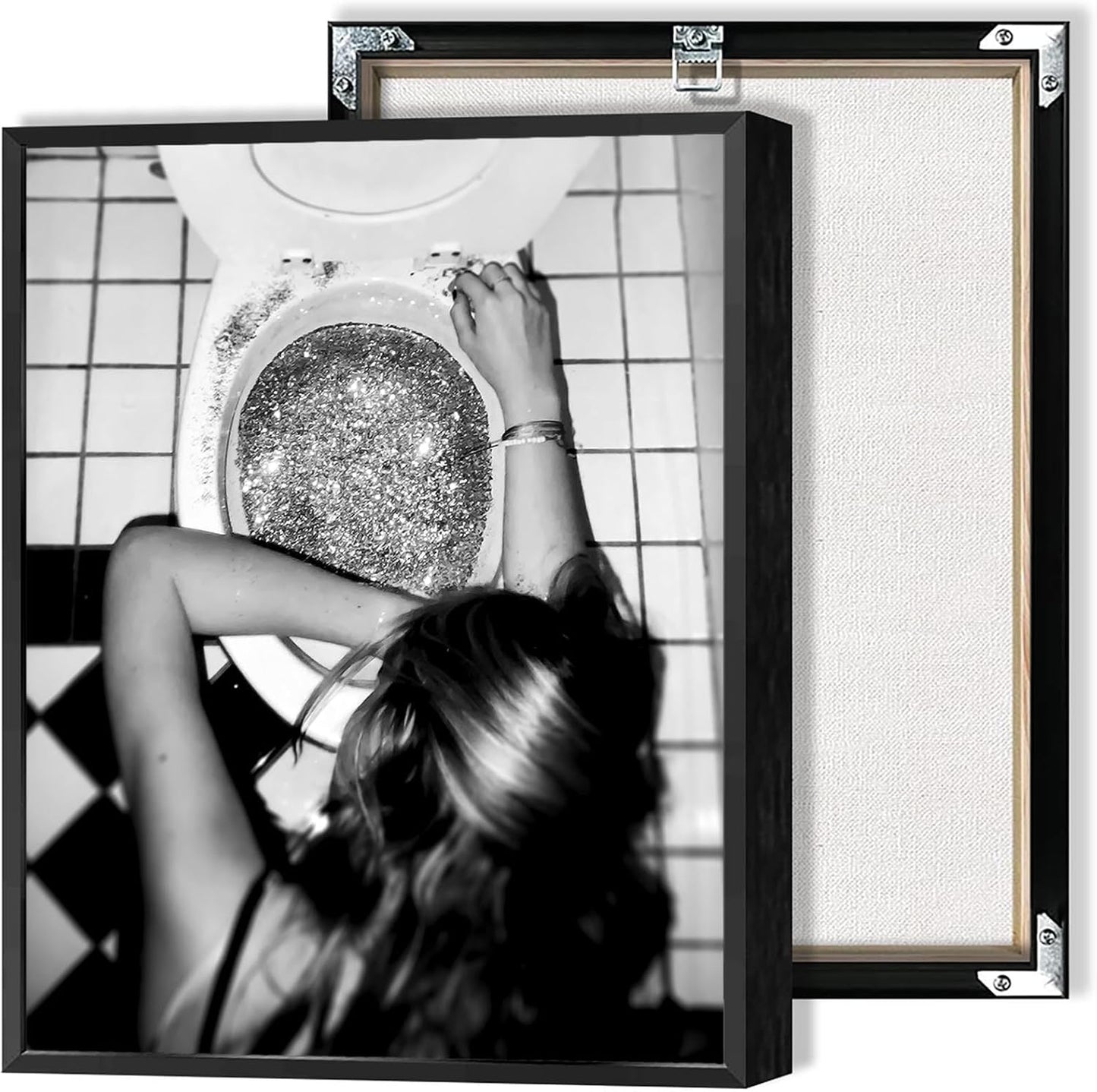 Funny Bathroom Wall Art Black and White posters Bar Disco Party prints painting Girls Bathroom Canvas wall art Funky aesthetics Teen Girl Bedroom wall decor for 16x24in Framed