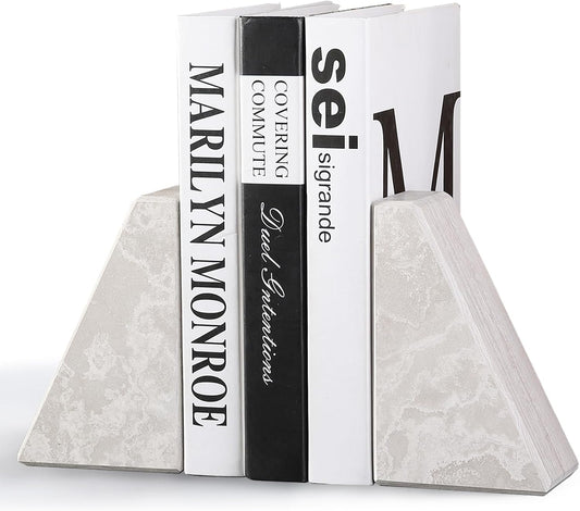 Marble Bookends for Heavy Books, Decorative Book Ends for Shelves, Durable and Heavy-Duty Bookends for Hardback Book & CDS, Off-White Unique Books Stopper & Holder, Set of 2