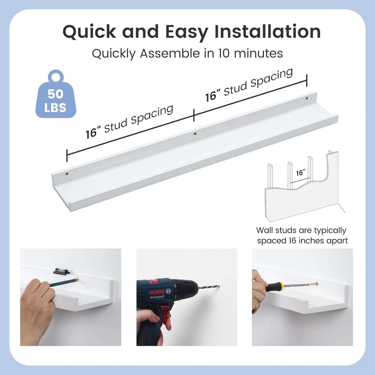 Picture Ledge Shelf for Wall, 36 inches Solid Pine Wood Nursery Book Shelves 3 Packs, Floating Ledge Shelves for Kids' Room Bedroom Bathroom Living Room Photo Frames Office Nursey Wall Decor, White