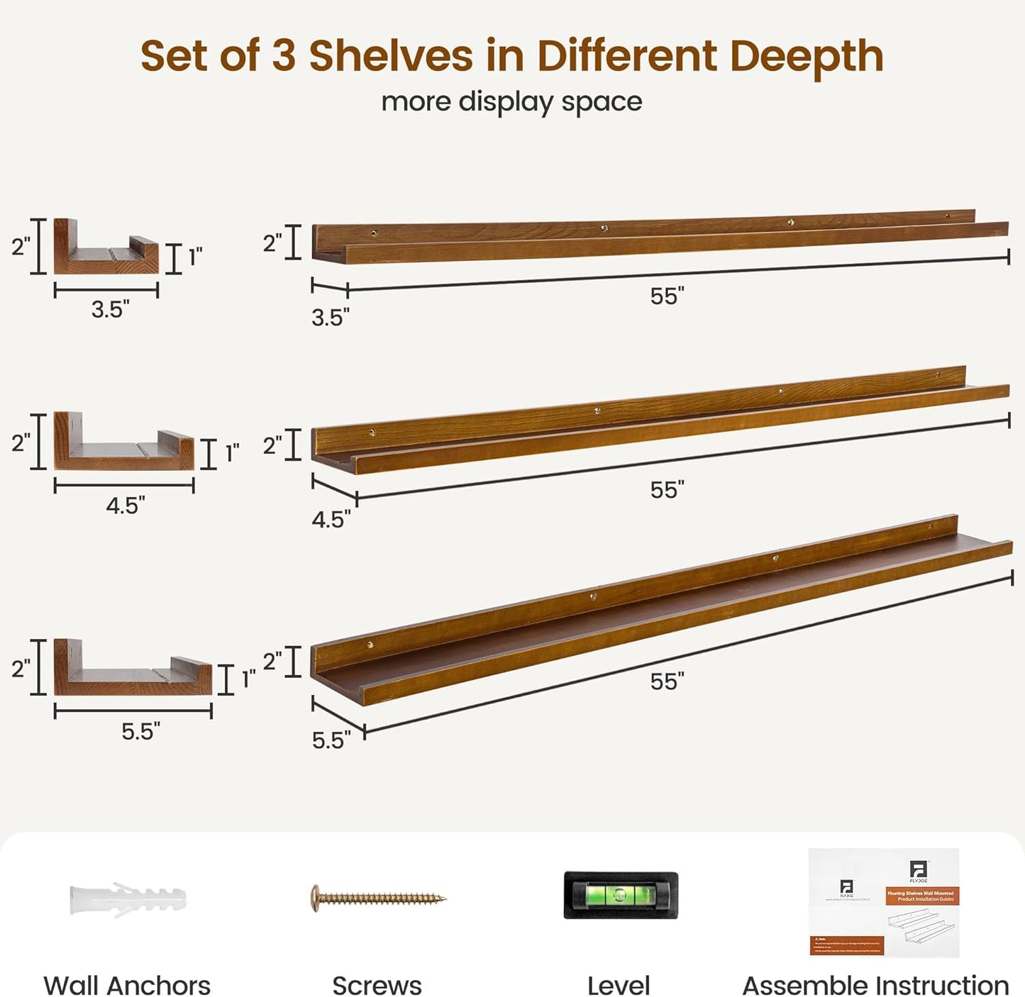 Picture Ledge Wall Shelves 56 inches Width Set of 3, Solid Pine Wood Rustic Floating Ledge Shelves for Wall for Kids' Room Bedroom Kitchen Bathroom Long Floating Shelves for Wall Decor, Walnut