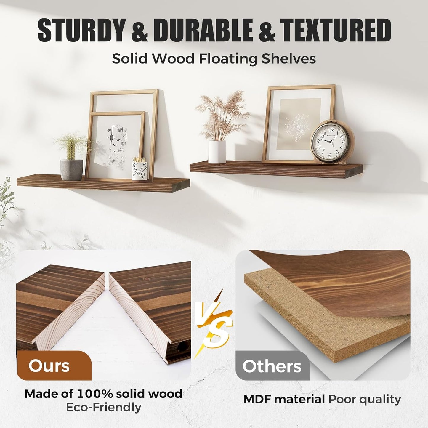 24"x6.8"x1.2" Solid Wood Floating Shelves 2-Pack - Rustic Brown Finish with Hidden Brackets, Perfect for Storage and Décor in Living Room, Kitchen, Bedroom