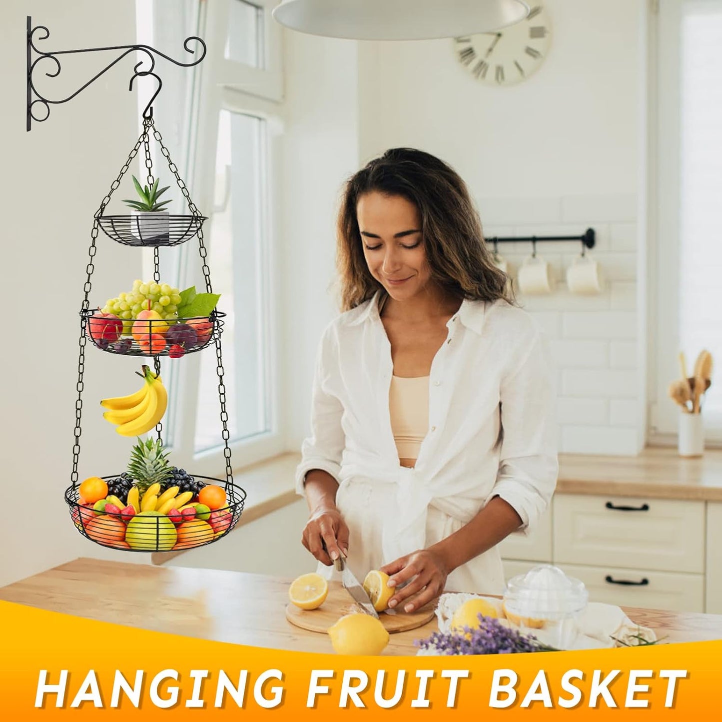 HULISEN 3 Tier Hanging Fruit Basket with Banana Hook, Heavy Duty Wire Hanging Baskets for Kitchen Storage, 36 Inch Hanging Vegetable Produce Basket Organizer (Including Installation Bracket)