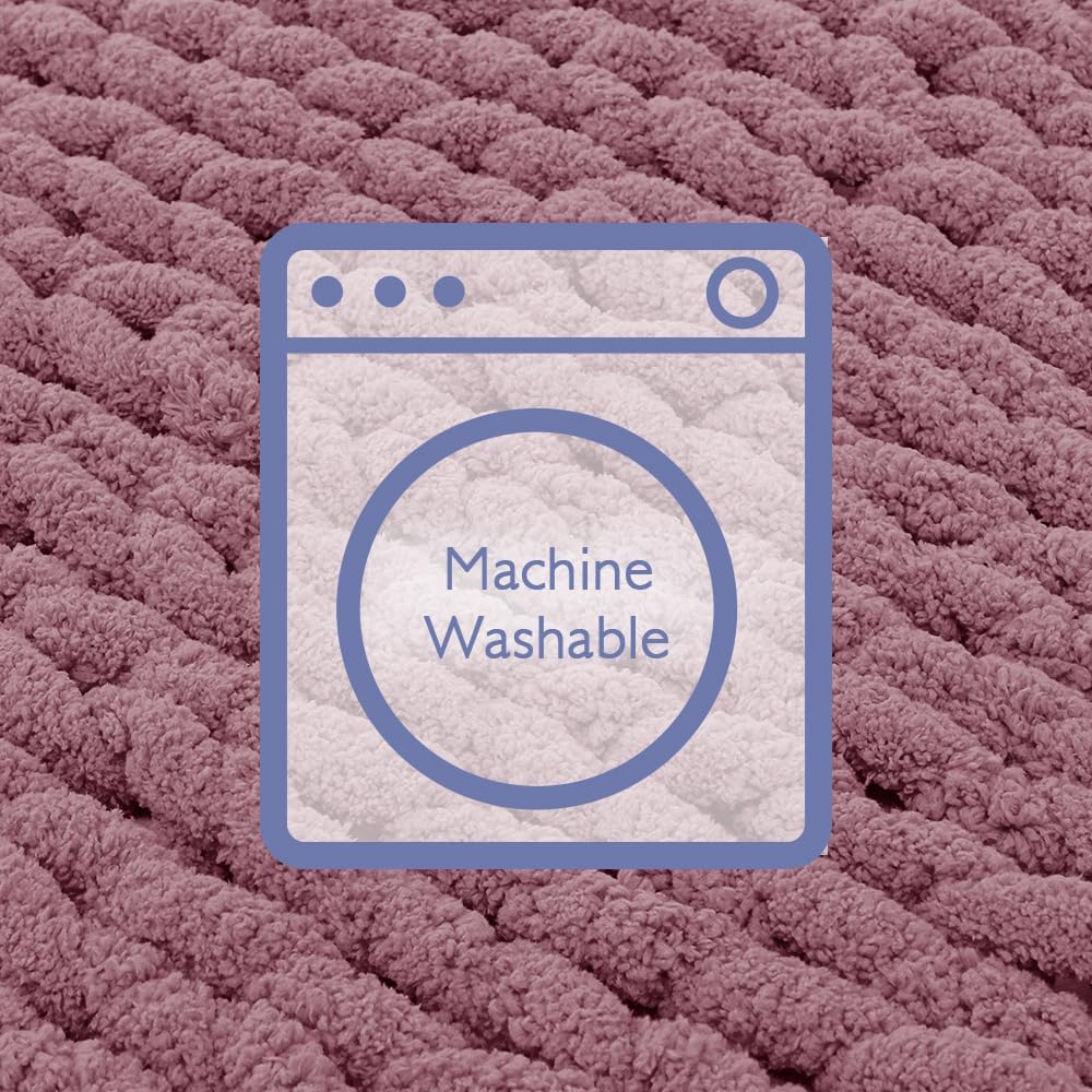 Bigacogo Chunky Knit Throw Blanket for Couch, 51x63 inches, 100% Hand Knitted with Thick Jumbo Chenille Yarn, Cozy Soft Large Rope Knot Cable Crochet Blankets for Sofa Bed Living Room, Burnt Rose