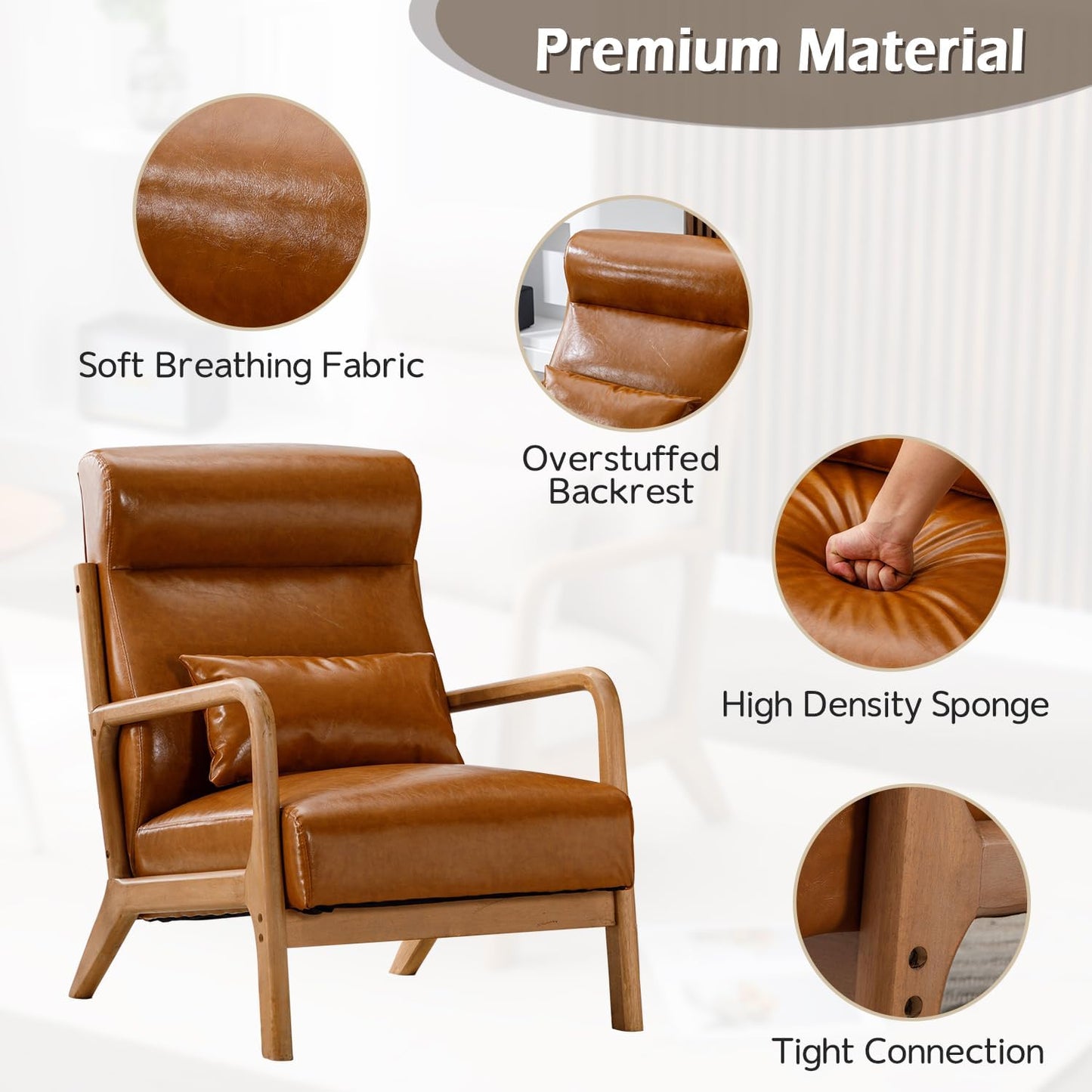 INZOY Mid Century Modern Accent Chair Set of 2, High Back Reading Armchair with Wood Frame, PU Leather Living Room Chairs with Waist Cushion, Single Lounge Arm Chair for Bedroom Sunroom, Camel