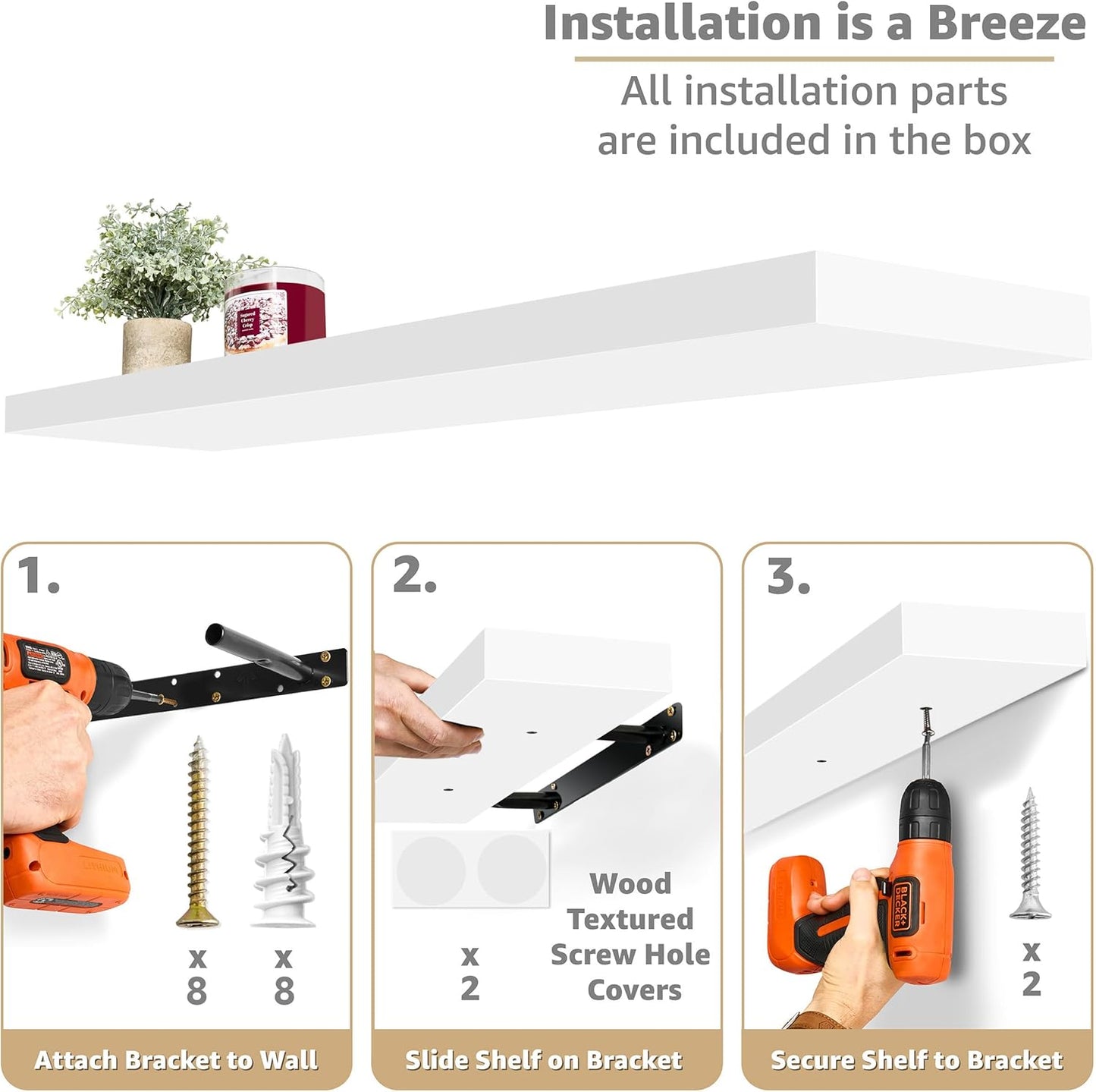 Sorbus Floating Shelves for Wall - 48 Inch Long Bathroom Shelves, Wall Decor for Bedroom, Kitchen, Living Room & Book Storage - Mounted Floating Shelf with Invisible Brackets (White, 3 Pack)