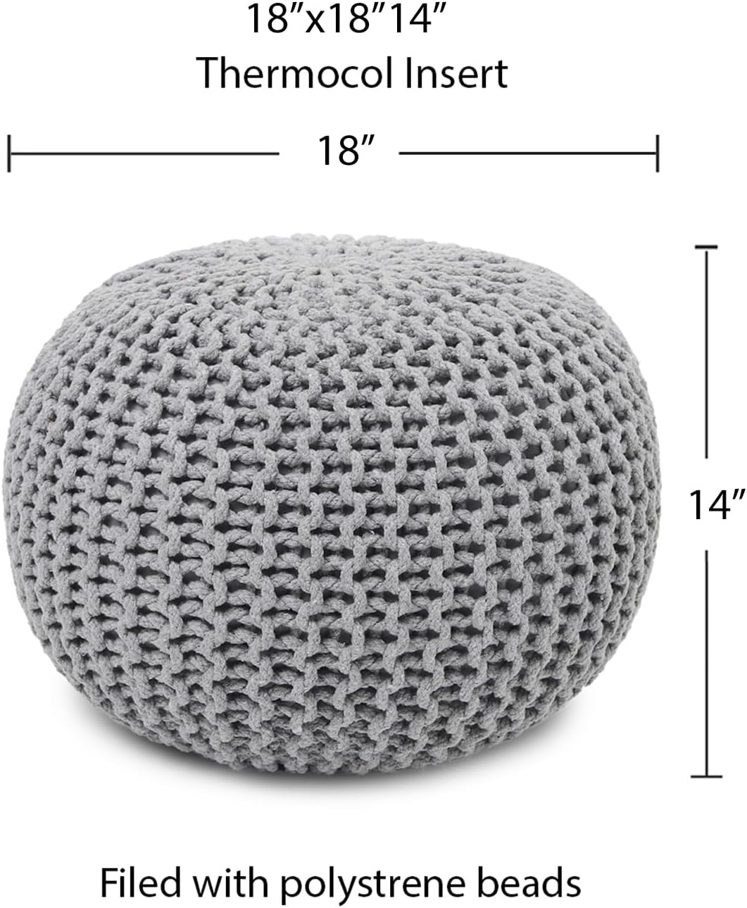 REDEARTH Round Boho Pouf Ottoman - Cable Knitted Cord Boho Pouffe - Stuffed Poof Accent Beanbag Footrest for Living Room - Nursery - Bedroom - Covered Patio - Study Nook (18”x18”x14”) - Gray-S