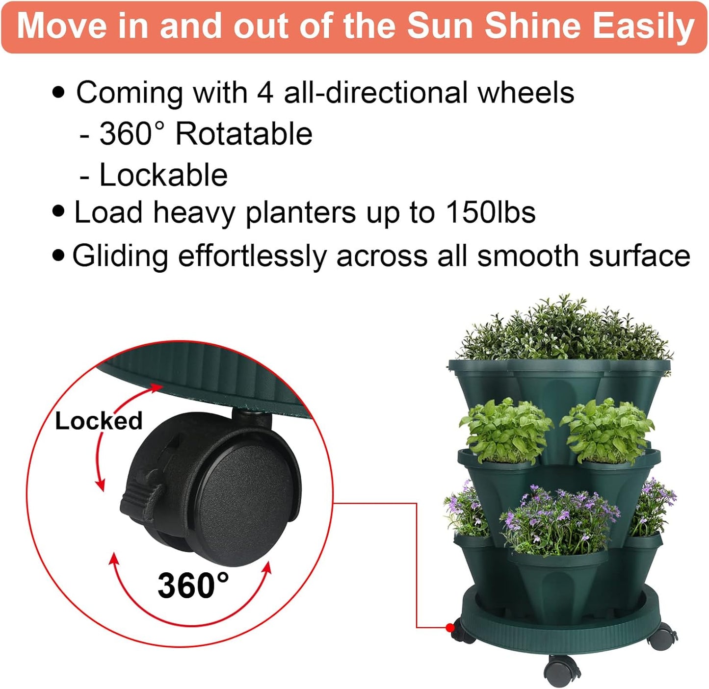 Vertical Planter 3 Tier Stackable Planters Garden Planters Strawberry Herb Flower and Vegetable Planter Indoor Outdoor Gardening Pots with Removable Wheels and Tools 2-Pack