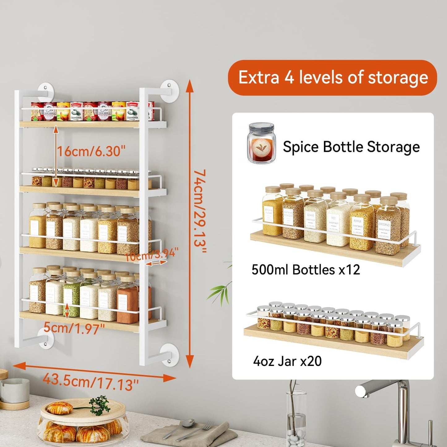 IBUYKE Spice Rack Wall Mount,4 Tier Hanging Seasoning Organizer,Spice Rack for Wall for up to 50 Jars,Spice Organization for Kitchen Cabinet,Living Room,Bathroom,Pantry,Natural TLJ016R