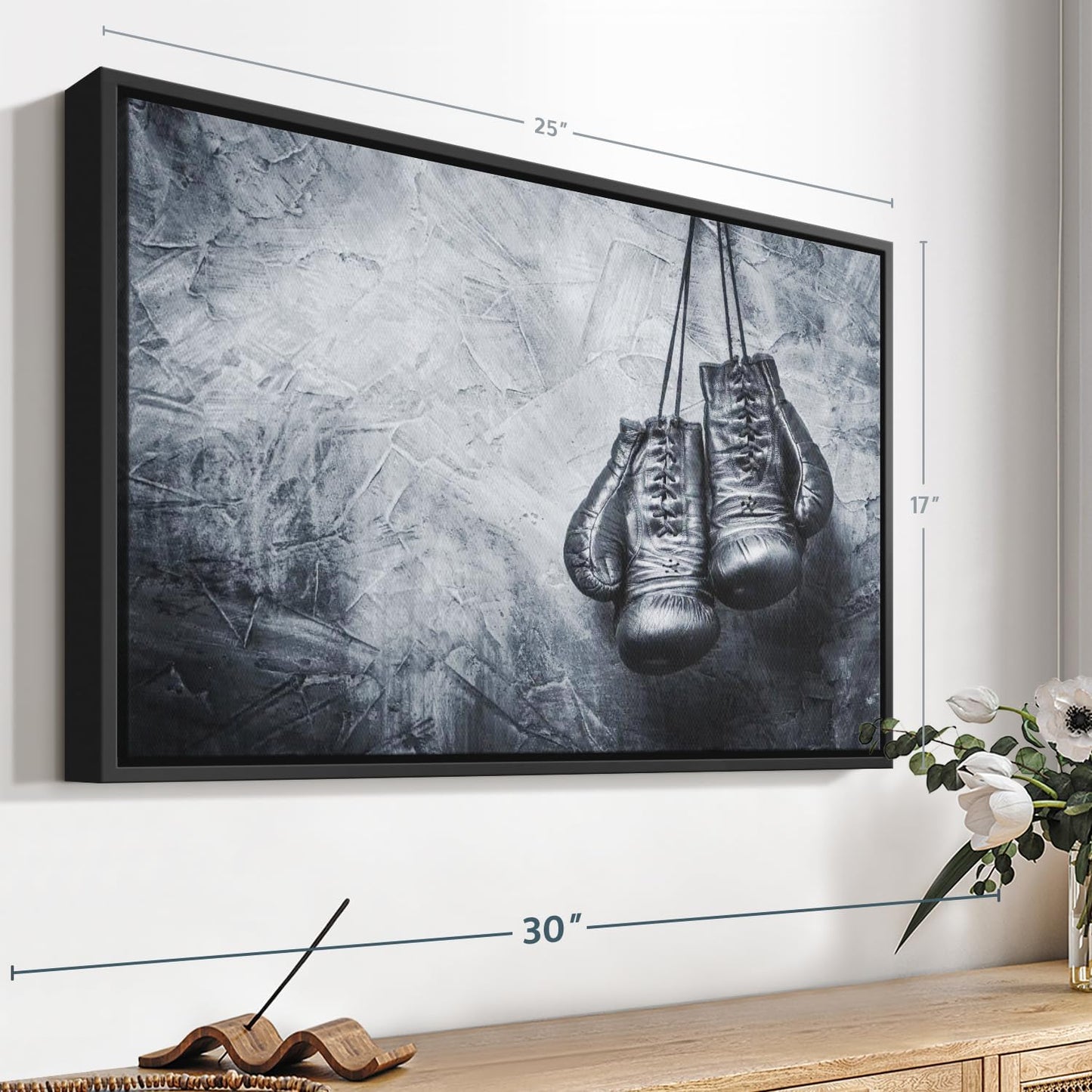 ElephantStock Boxing Gloves Wall Art - Horizontal Framed Canvas - 1-Piece Living Room Wall Decor - Photography Sports Canvas Print - Black and Gray Decor for Wall - 25" X 17"