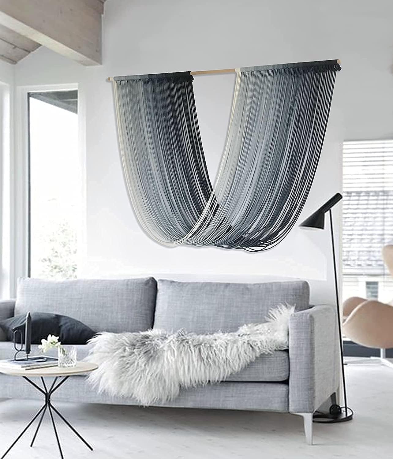 Flber Macrame Wall Hanging Large-Scale Dip-Dye Blue Bohemian Yarn Tapestry Home Room Wall Decor 57" Wx 35" L