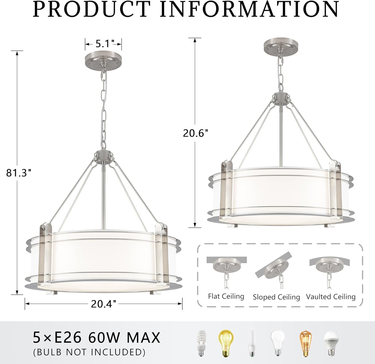 20.4''Drum Chandelier,5-Light Brushed Nickel Modern White Fabric Chandeliers,Farmhouse Round Pendant Light Fixture for Dining Room Kitchen Island Living Room Bedroom Hallway