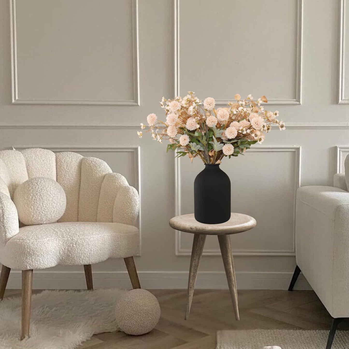 Beige Silk Flower Arrangements For Home Decor, Large Floral Centerpieces For Tables, Fake Mums + Eucalyptus + Wild Flowers in Bulk, Long Stem Artificial Flowers Coffee Dining Table, Faux Mums Flowers