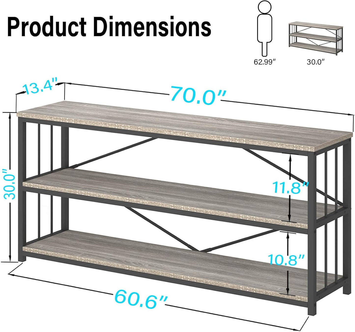 LVB Extra Long 3-Tier Sofa Table, Industrial Console Table with Storage Shelf, Modern Rustic Wood Metal Narrow Entryway Table, Skinny Behind Couch Table for Foyer Living Room Bedroom, Light Grey, 70In