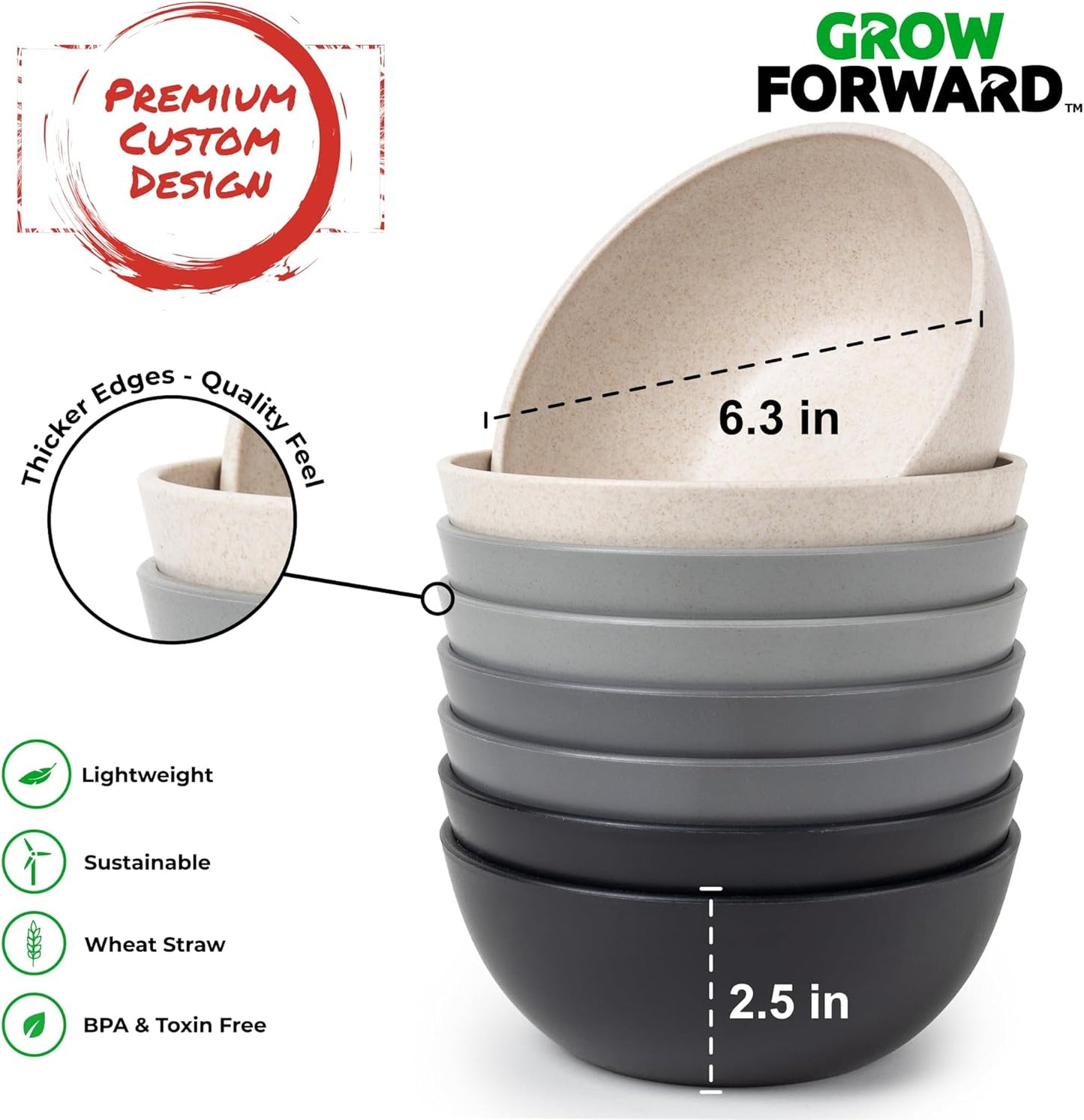 Grow Forward Premium Wheat Straw Bowls - 27oz Microwave Safe Plastic Cereal Bowls Set of 8 for Kitchen, Camping, RV, Dessert, Snack, Soup, Salad, Fruit - Reusable, Unbreakable & BPA Free - Moonlight