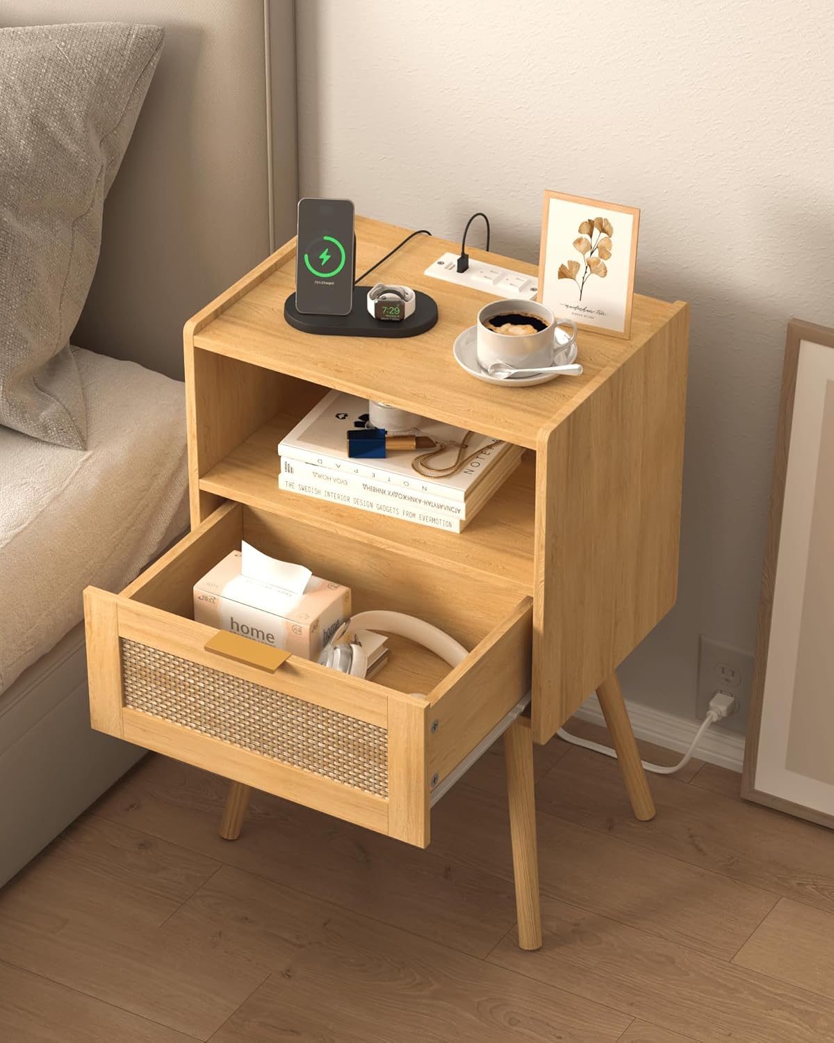 Rattan Nightstand with Outlet,Modern Bedside Table with Storage Drawer and Open Wood Shelf, for Living Room, Bedroom and Small Spaces, Accent Night Stand with Solid Wood Legs,Yellow Oak