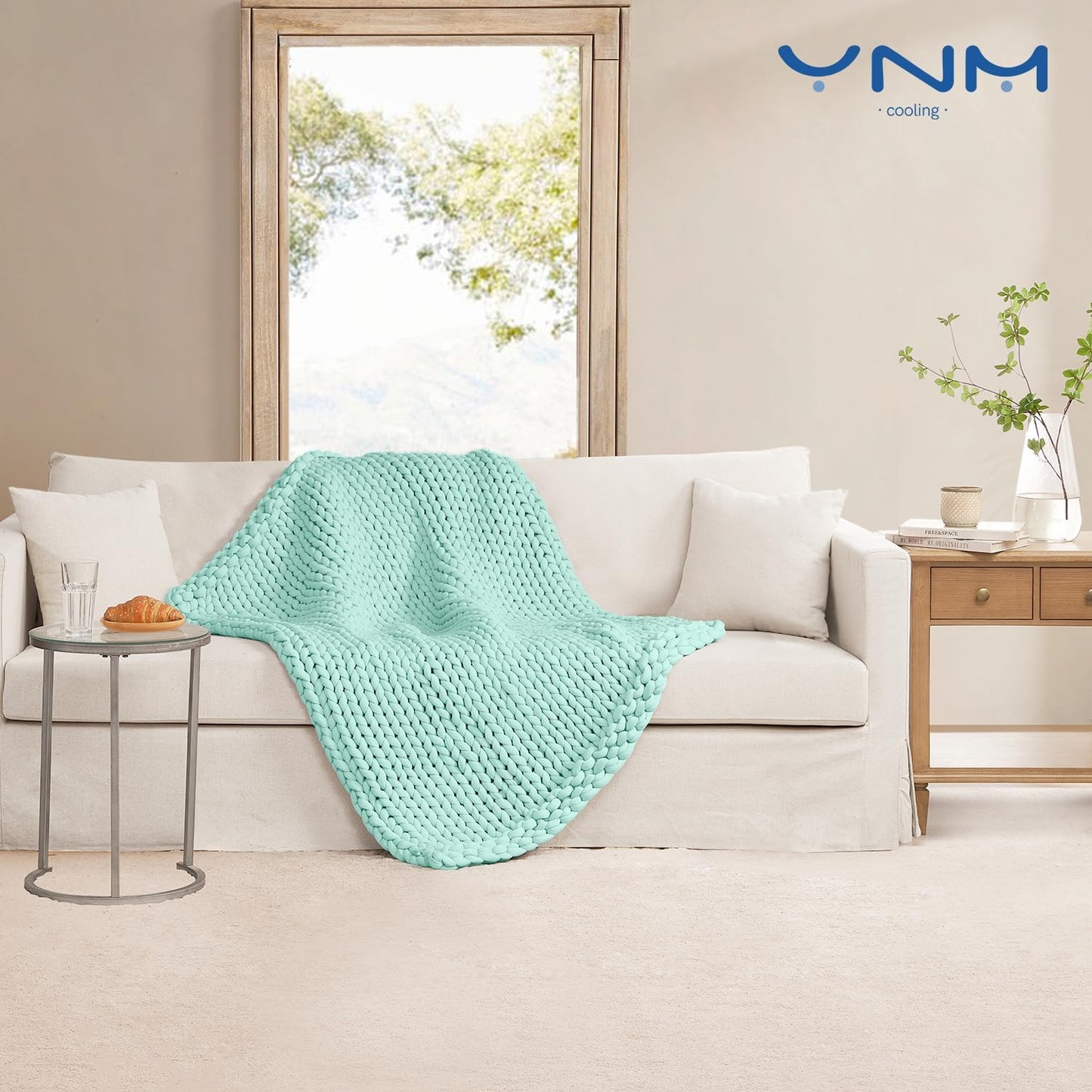 YnM Cooling Chunky Throw Blanket, Medium-Weight, Hand Knitted, Skin Friendly, Ventilated and Breathable, Machine Washable, Home Décor Piece for Couch, Sofa and Bed (Menthe Green, 60x80 Inch)