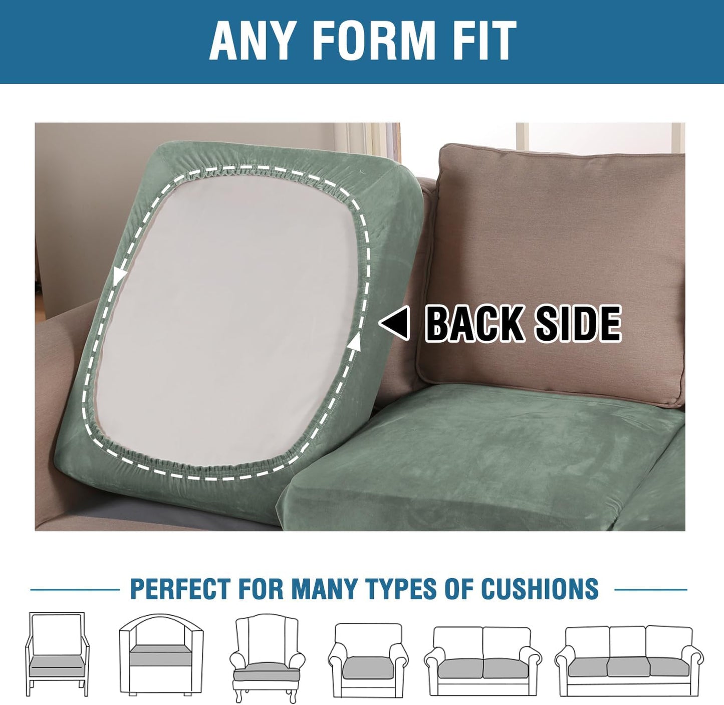 H.VERSAILTEX Velvet Stretch Couch Cushion Cover Plush Cushion Slipcover for Chair Loveseat Sofa Cushion Furniture Protector Seat Cushion Sofa Cover (2 Piece Large Sofa Cushion Covers, Sea Grass)