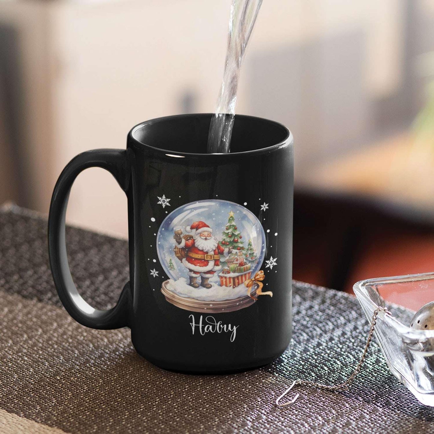 Custom Snow Ball Design Mug With Name, Personalized Black Cup 11oz 15oz, Snow Ball With Santa Claus And Christmas Tree Inside Design, Customized Christmas Themed Coffee Cup