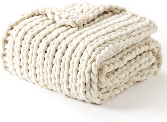 YnM Chunky Throw Blanket, Hand Knitted with Chenille Yarn, Skin Friendly, Ventilated and Breathable, Machine Washable, Home Décor Piece for Couch, Sofa and Bed (Butter Cream, 60x80 Inch)