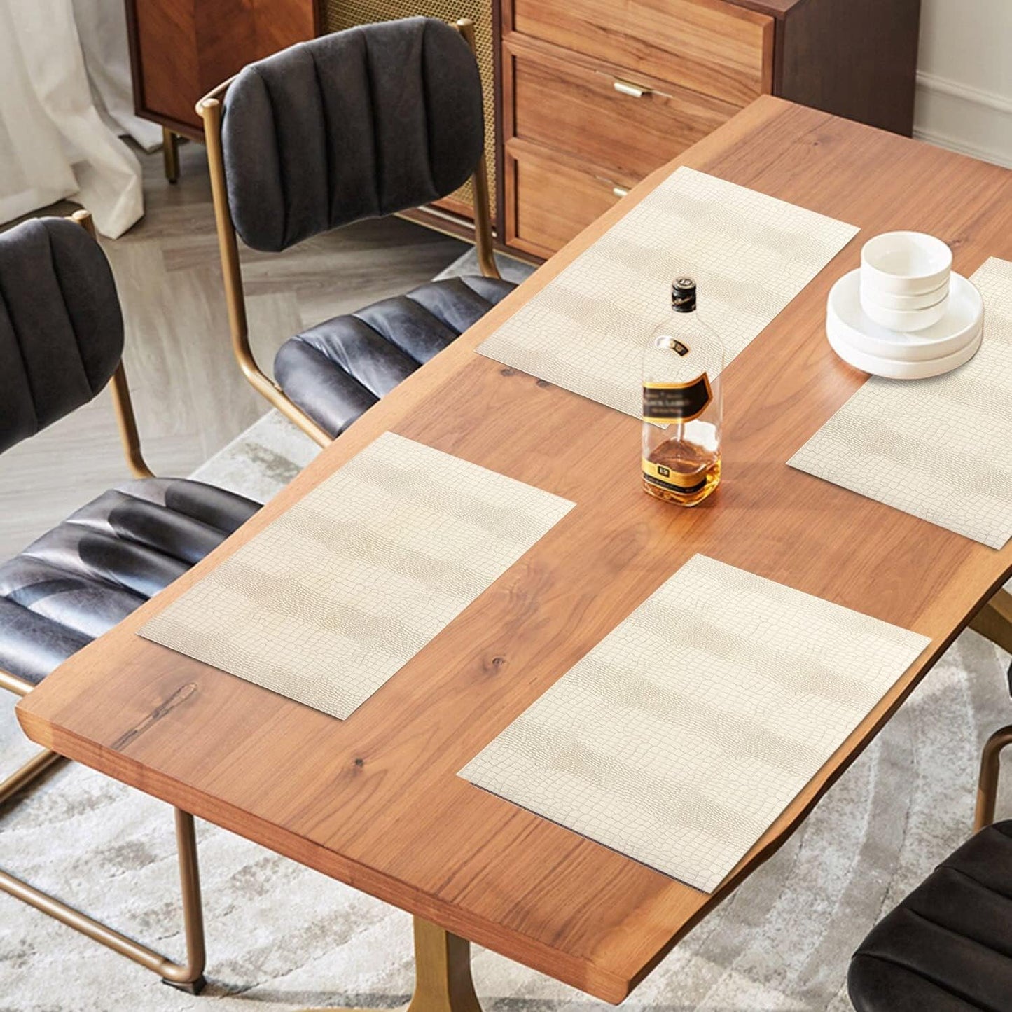 Faux Leather Hardboard Placemats, Set of 6 PU Table Mats, Easy to Clean, Heat & Stain Resistant for Office Conference Table, Dining Home Decor, White