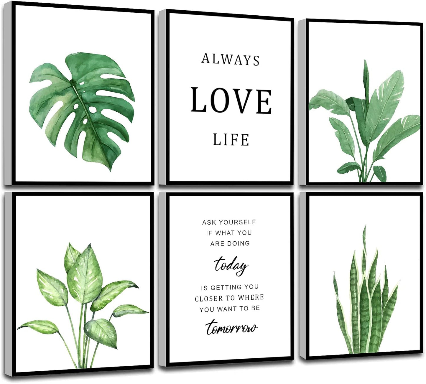 KIOSSUT FRAMED Tropical Botanical Plant Canvas Wall Art, Watercolor Green Leaf Plant Wall Decor With Inspirational Quotes, 8X10in, Framed)