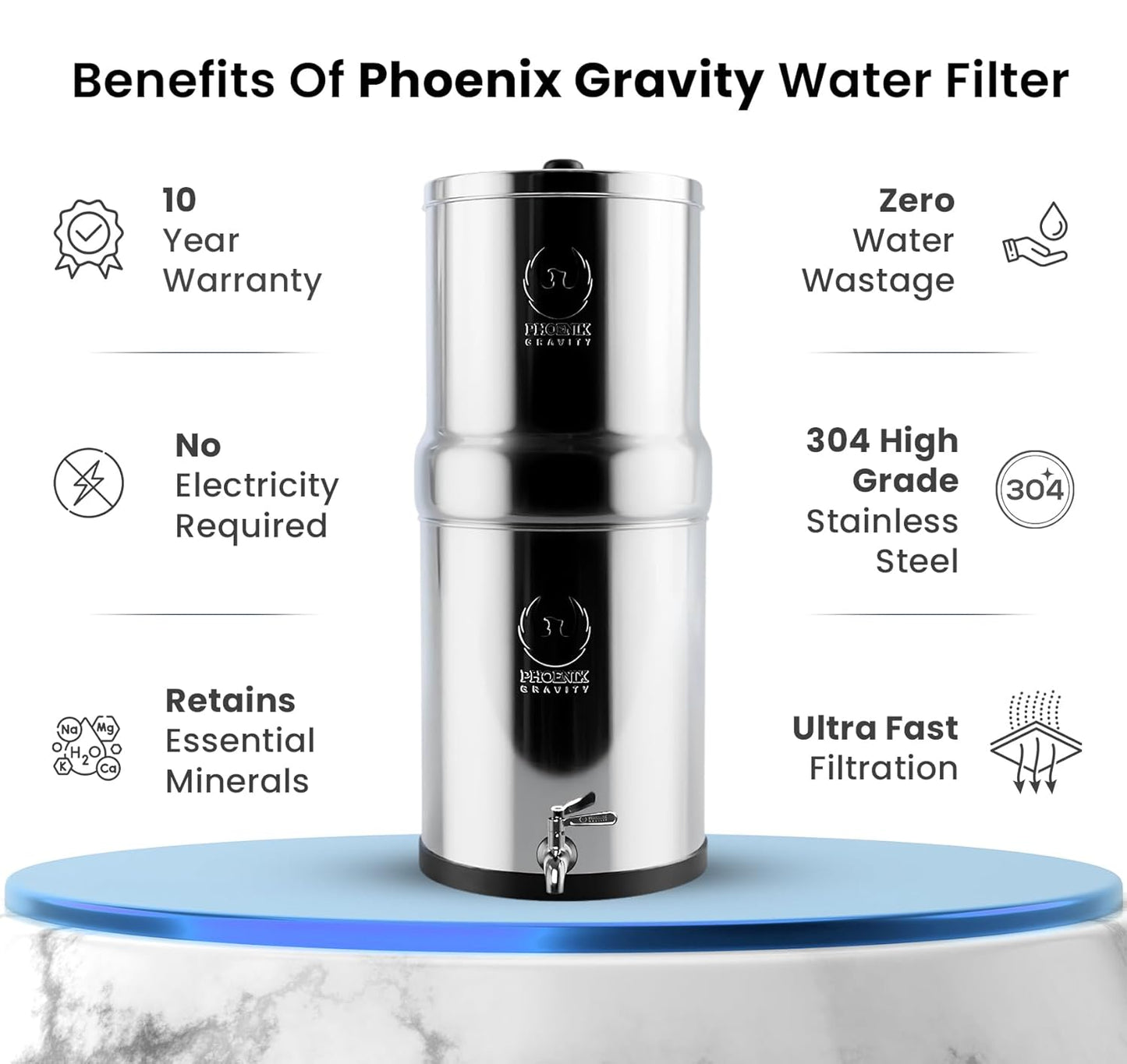 Gravity Water Filter System - 1.5 Gallons NSF Certified AISI 304 Stainless Steel Water Filter with 2 Smart (Black) Carbon Filter Elements & Free Stainless Steel Stand and Spigot (1.5G)