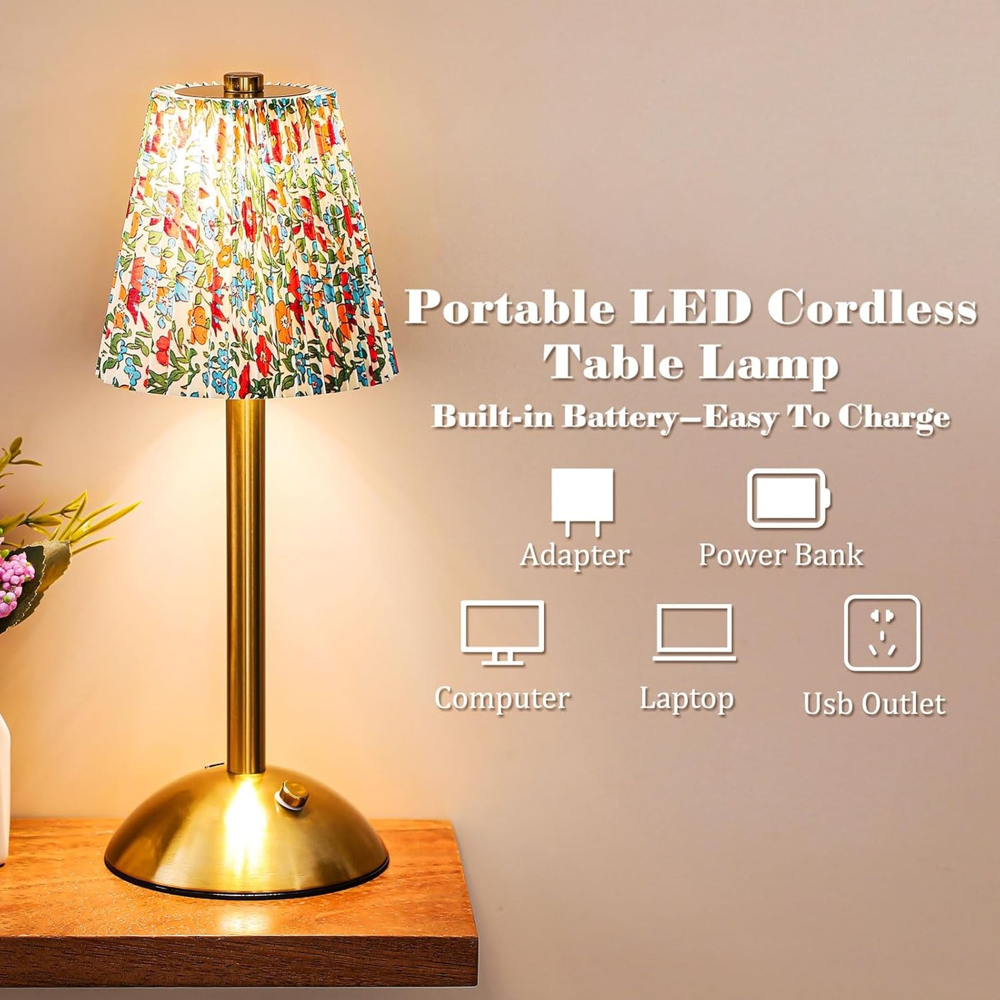 Liliful 2 Pcs LED Portable Cordless Table Lamp Touch Battery Operated Rechargeable Desk Lamp 3 Color Dimmable for Bedroom Living Room Dining (Floral Style,Gold)