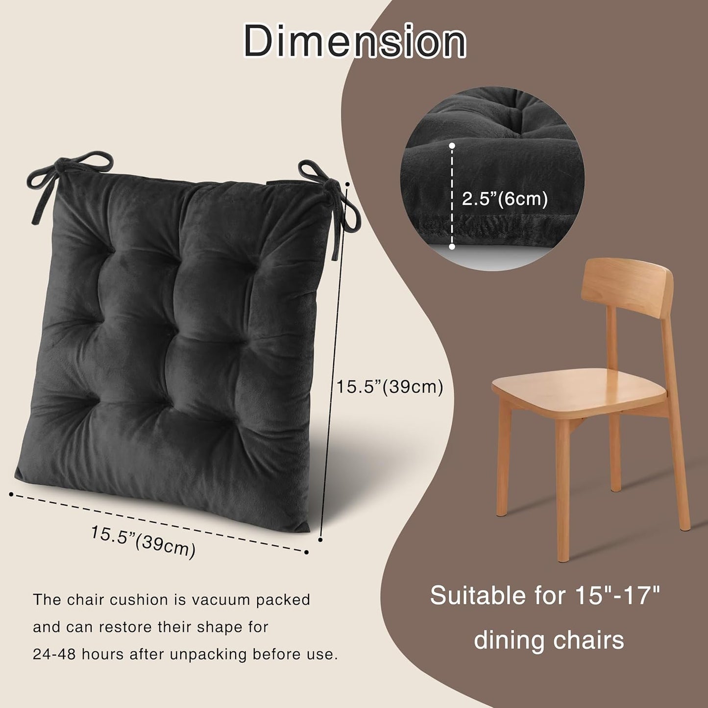 OVOV Chair Cushions for Dining Chairs Set of 6 Tufted Indoor Chair Pads with Ties Soft Square Seat Cushions for Kitchen Chairs 15.5"x15.5",Dark Grey