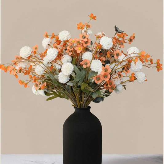 RyddeligHome Artificial White Kiku & Orange Wax Flowers, Bulk Silk Flowers with Long Stems for Vases, Spring Floral Stems Arrangements for Home Decor, Centerpieces for Tables, Rustic Decorations