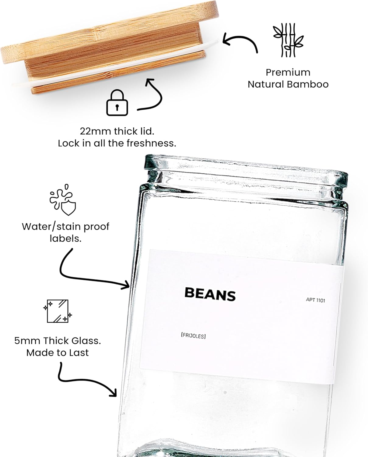 27 oz Glass Storage Jars with Bamboo Lid, set of 6, glass canisters with airtight lids, Clear jars with lids for Cookie, Candy, Tea, Coffee Bean and Rice (White)